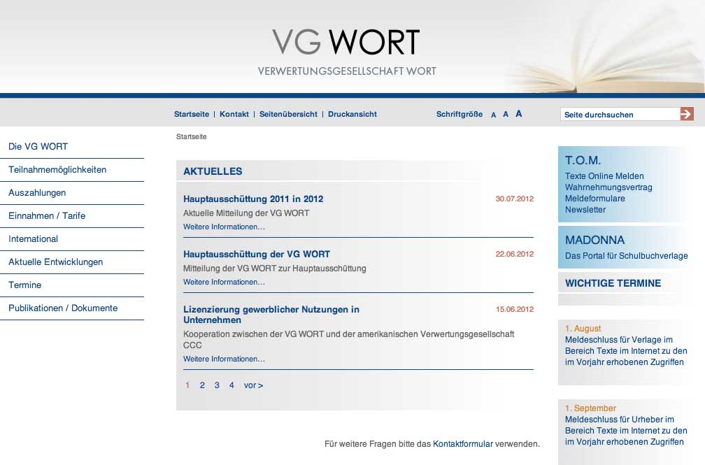 Screenshot der Homepage der VG-Wort